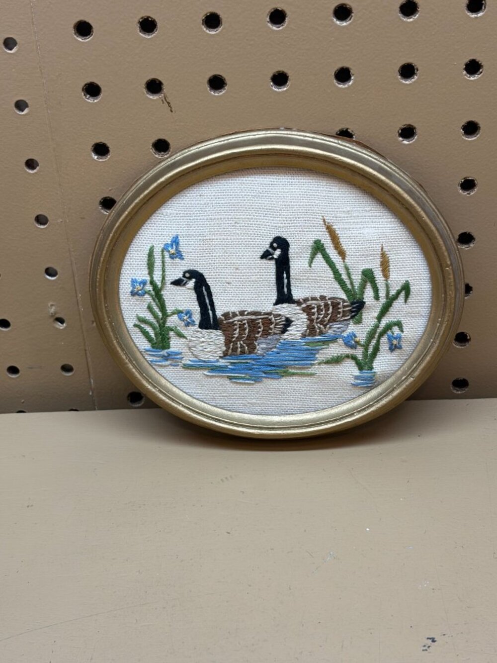 Handmade Embroidered Wall Art With Canada Geese In Gold Frame 1983 6 Inches